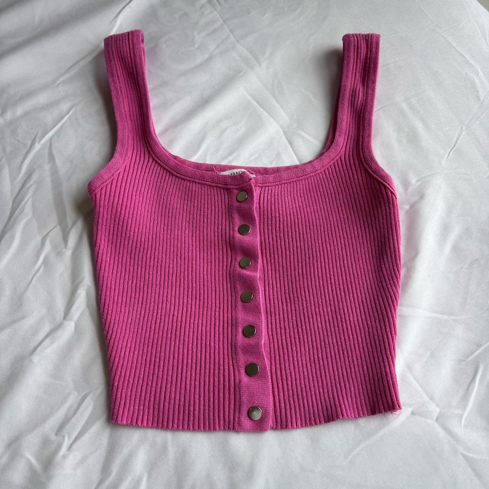 Pink Ribbed Button-Down Tank Top